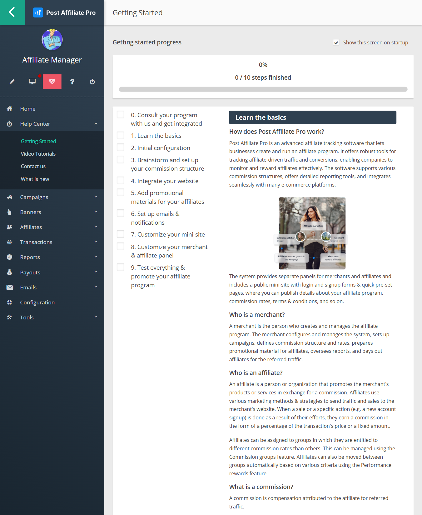 Nové Help Centrum Post Affiliate Pro v panele obchodníka, zobrazujúce sekciu Začínanie, video tutoriály a Čo je nové v Post Affiliate Pro.