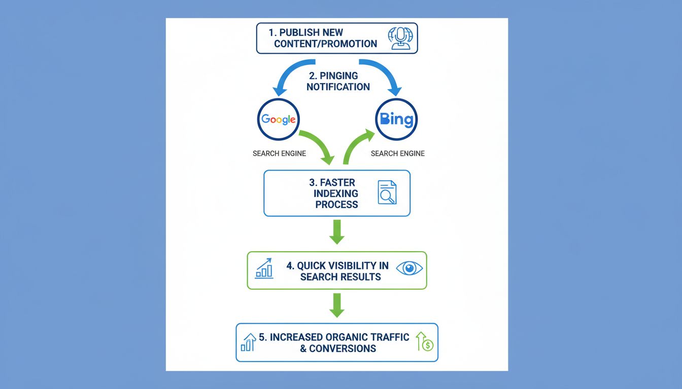Infografika znázorňujúca, ako pingovanie prospieva affiliate marketérom – od publikovania obsahu, cez notifikáciu vyhľadávačov, až po rýchlejšie indexovanie a zvýšené konverzie