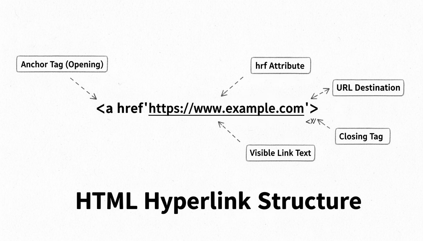HTML hyperlink structure diagram showing anchor tag components