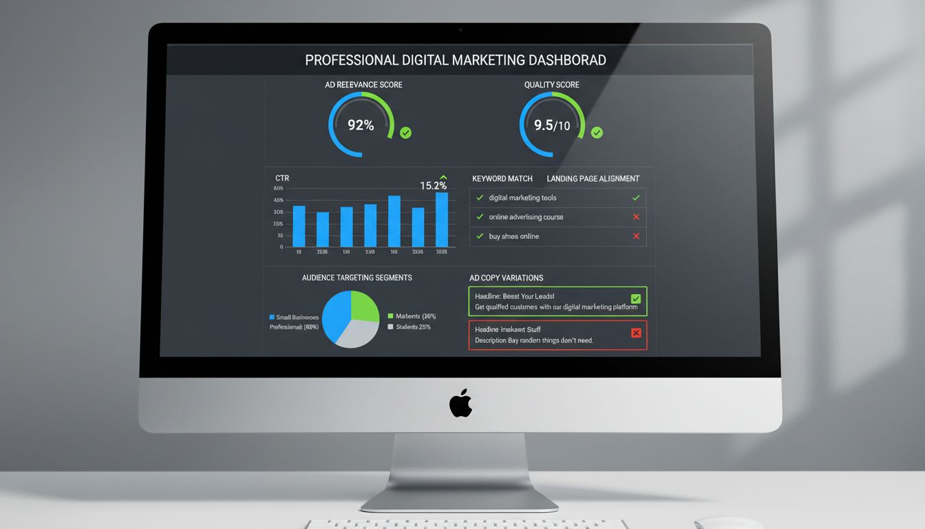Panel metrík relevantnosti reklamy zobrazujúci skóre kvality, CTR a výkonnosť kľúčových slov