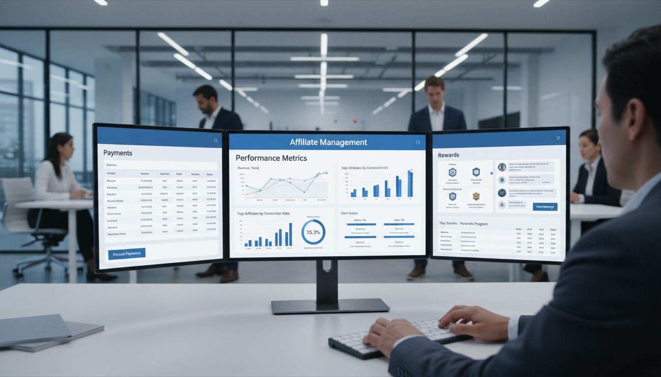 Profesionálny dashboard affiliate manažéra zobrazujúci výkonnostné metriky, platby, komunikačné nástroje a odmeňovacie systémy