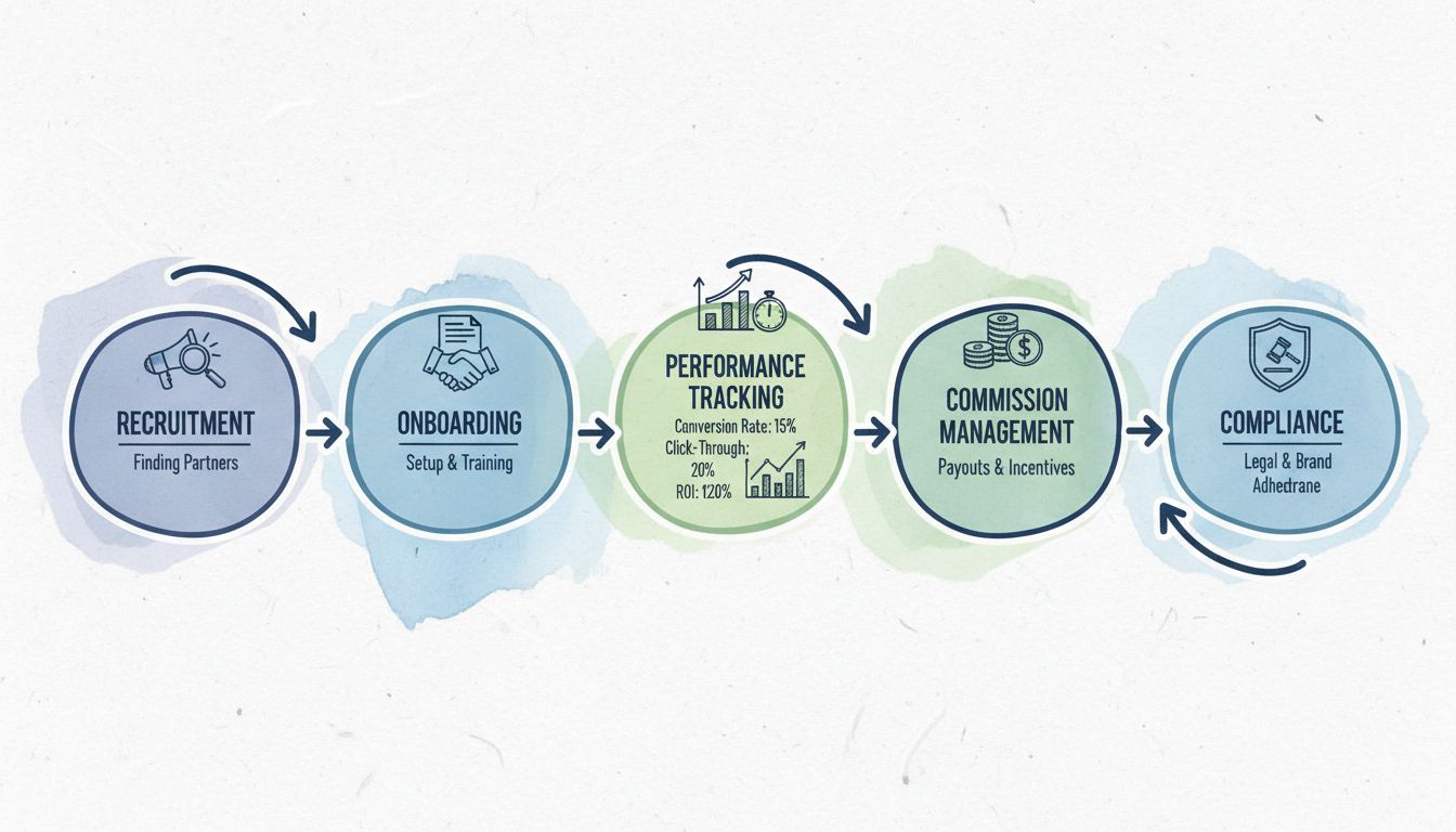 Workflow správy affiliate programu znázorňujúci nábor, onboarding, sledovanie výkonnosti, správu provízií a fázy súladu