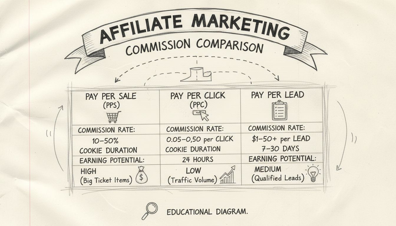 Ručne kreslený diagram porovnania affiliate modelov – PPS vs PPC vs PPL s mierami, platnosťou cookies a potenciálom zárobku