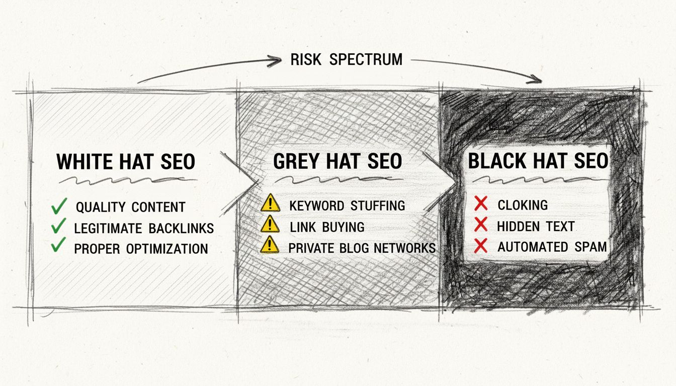 Spektrum SEO techník zobrazujúce white hat, grey hat a black hat prístupy s vizuálnymi indikátormi