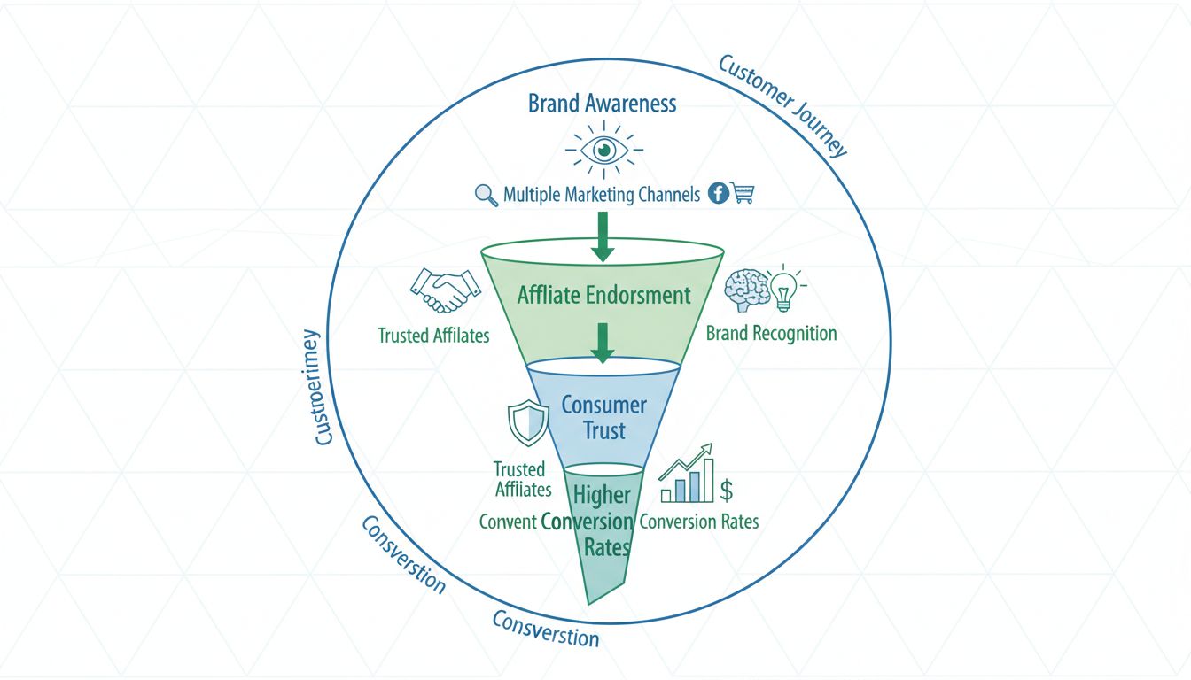 Brand awareness funnel in affiliate marketing showing customer journey from awareness through consideration to conversion with multiple touchpoints