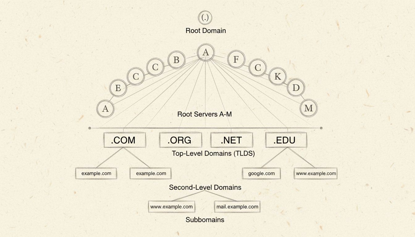Štruktúra hierarchie DNS zobrazujúca koreňovú doménu, 13 koreňových serverov, TLD, domény druhej úrovne a subdomény v stromovej štruktúre