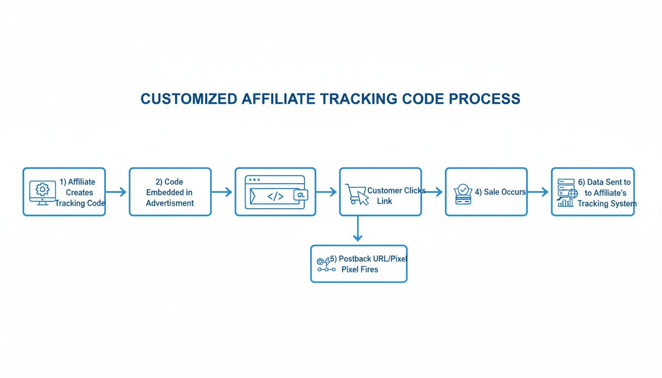 Customized affiliate tracking codes flow diagram showing how tracking codes are created, embedded in ads, and fire when sales occur
