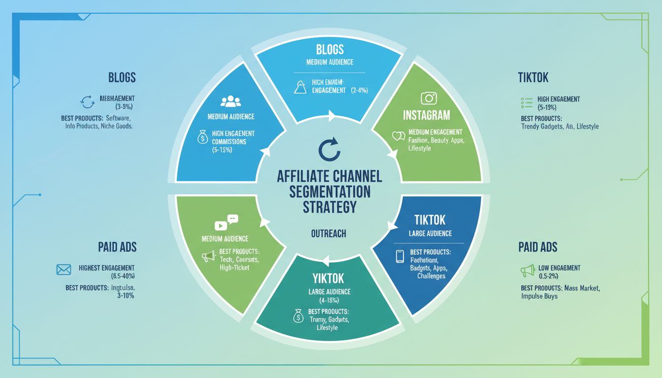 Stratégia segmentácie affiliate kanálov ukazuje 6 hlavných kanálov s mierami zapojenia a percentami provízií