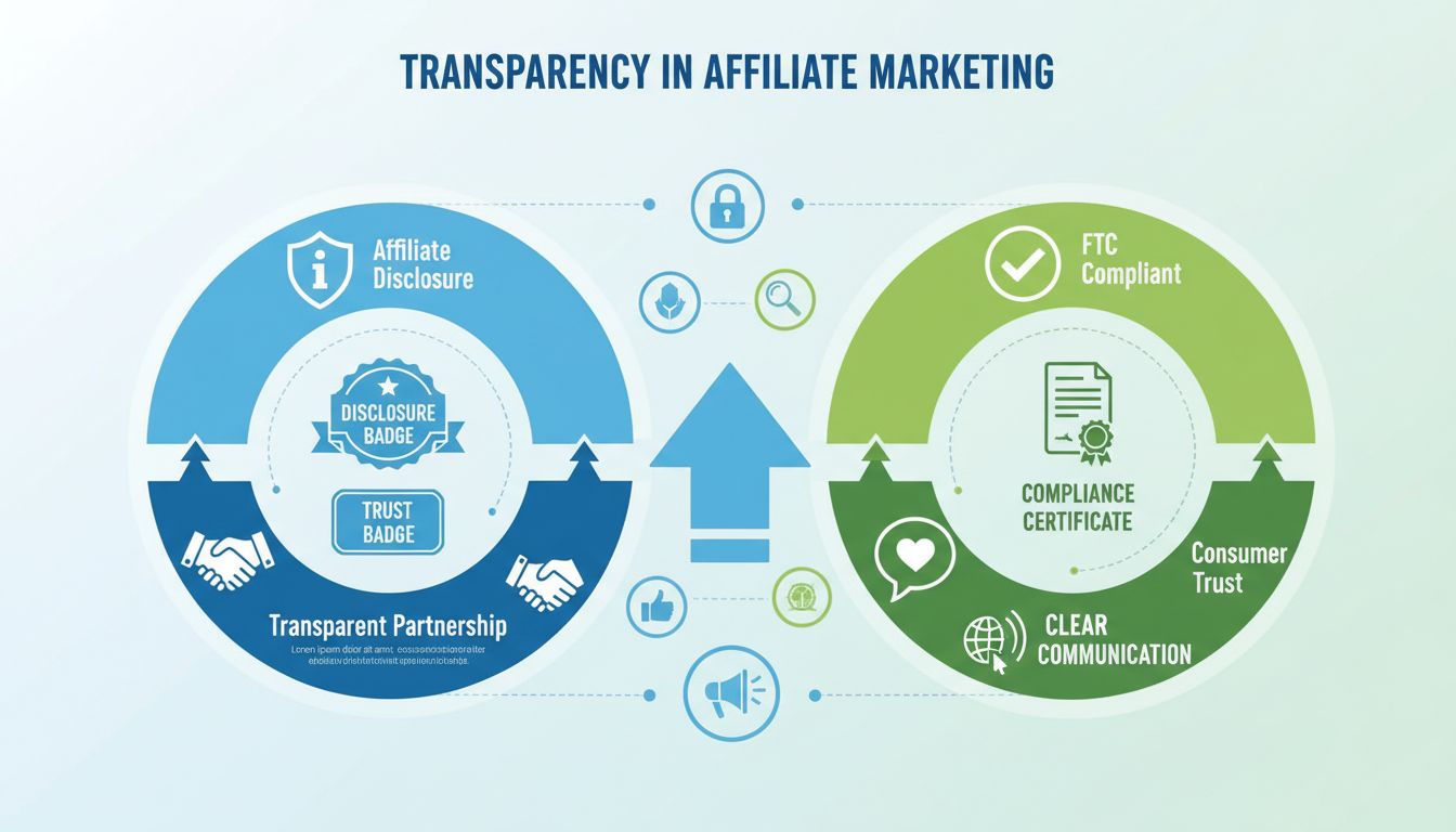 Infografika o transparentnosti v affiliate marketingu zobrazujúca odznaky zverejnenia, súlad s FTC, symboly dôvery a prvky dôvery spotrebiteľov