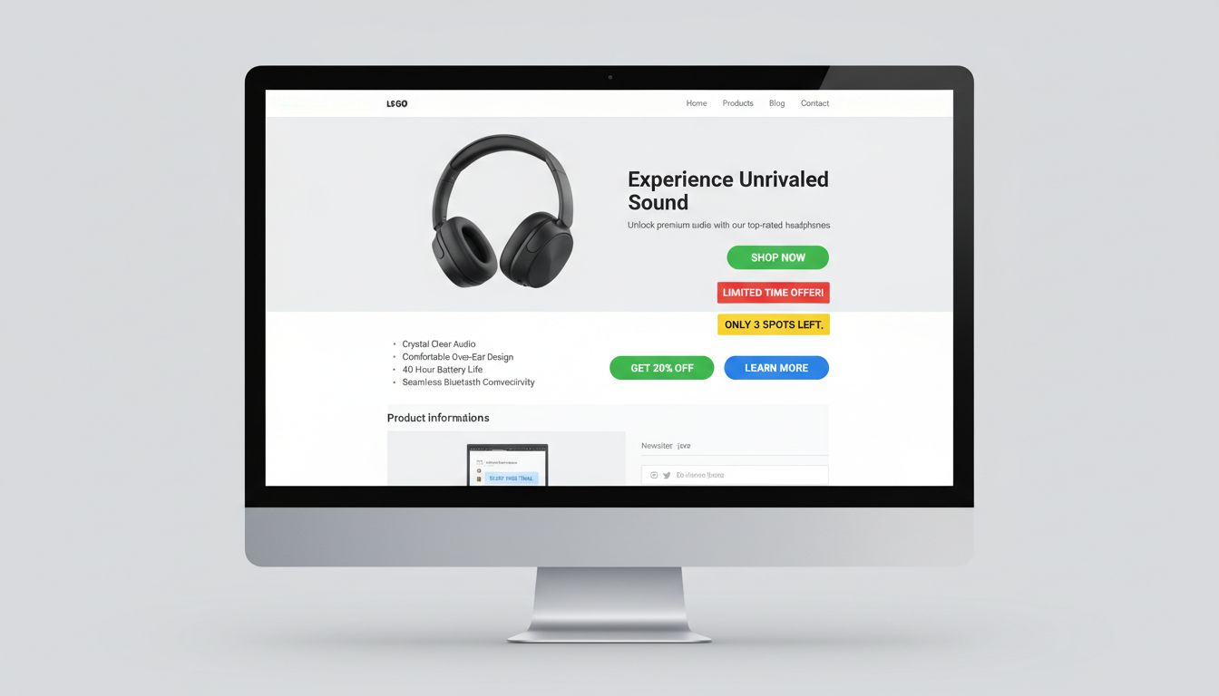 Profesionálna affiliate marketingová landing page zobrazujúca viacero príkladov CTA tlačidiel s naliehavými správami a správnym umiestnením