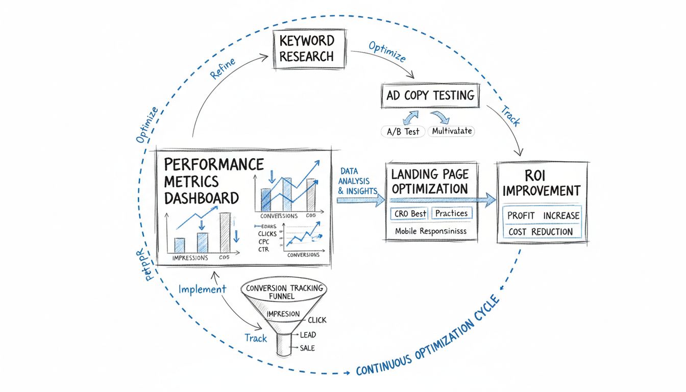 Schéma optimalizačného procesu PPC kampane znázorňujúca prieskum kľúčových slov, testovanie reklám, optimalizáciu vstupných stránok, sledovanie metrík a cyklus zlepšovania ROI