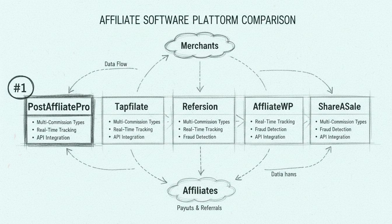 Porovnávací diagram najlepších affiliate softvérových platforiem vrátane PostAffiliatePro, Tapfiliate, Refersion, AffiliateWP a ShareASale s vyznačenými kľúčovými funkciami