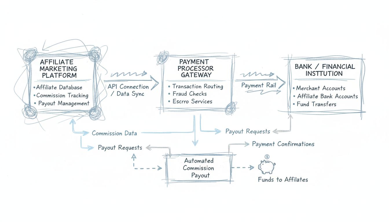 Schéma workflow integrácie platobného procesora zobrazujúca affiliate marketingovú platformu prepojenú s platobnou bránou a finančnou inštitúciou