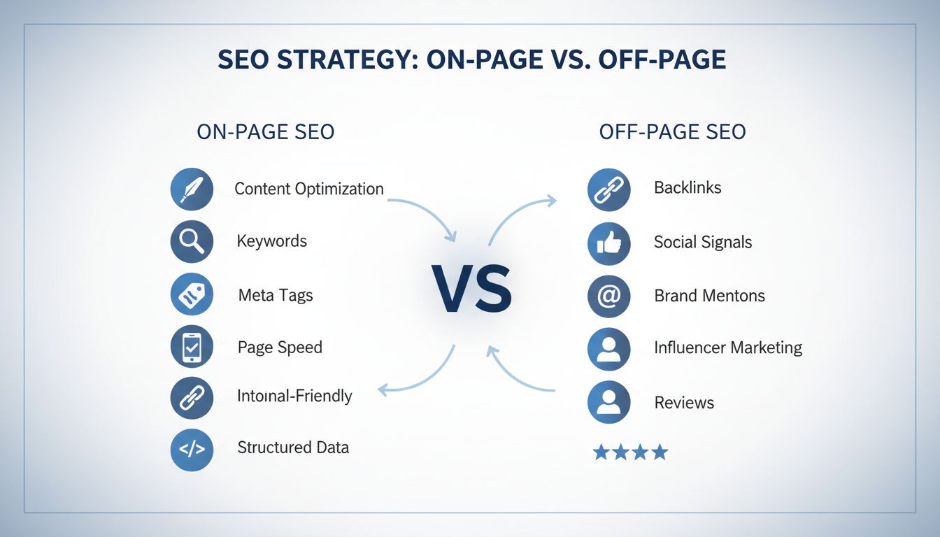 Porovnávacia schéma On-Page vs Off-Page SEO