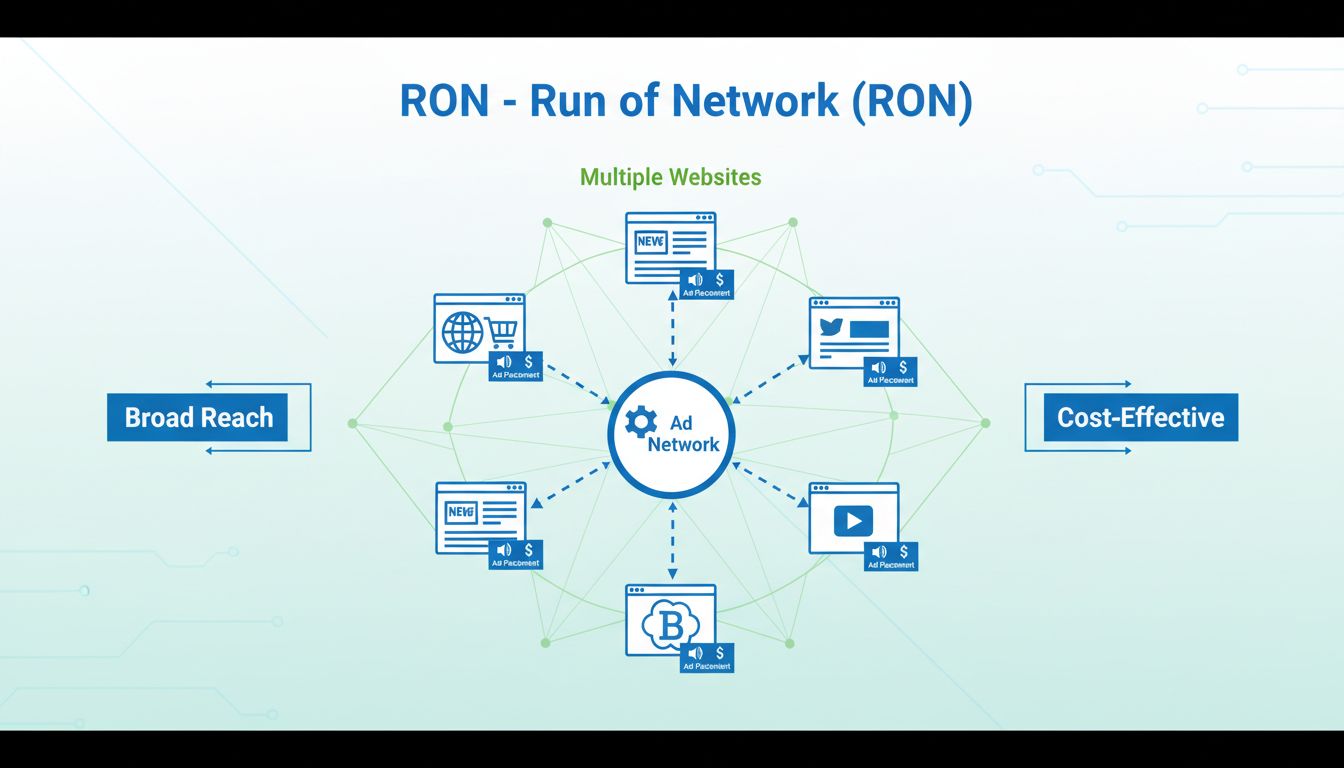 RON Run of Network advertising strategy diagram showing multiple websites connected in a network with ad placements distributed across them