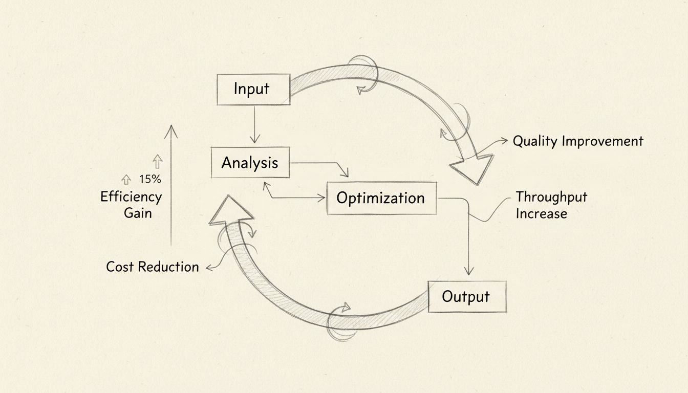 Diagram toku optimalizačného procesu zobrazujúci analýzu vstupov, optimalizačné cykly a zlepšené výsledky so stúpajúcou šípkou