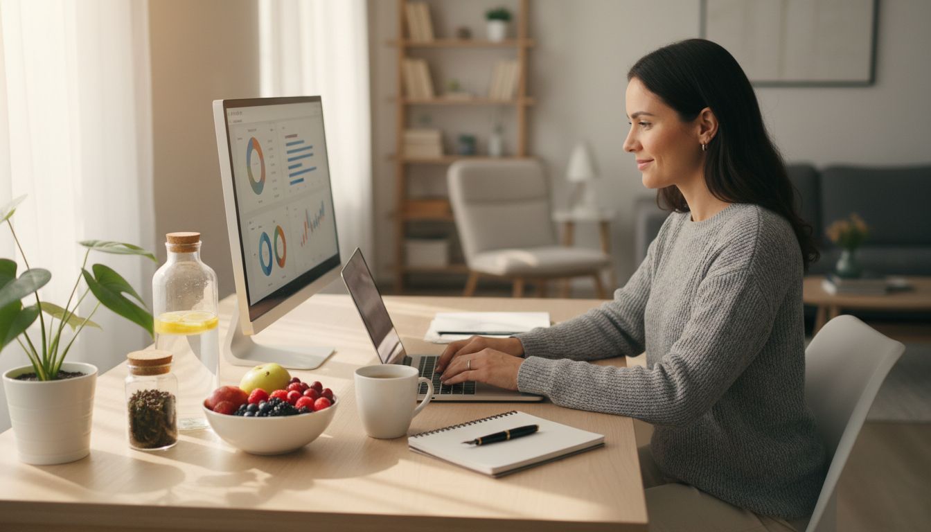 Produktívny affiliate marketér vo svojej domácej kancelárii s prvkami zdravého životného štýlu, vrátane fľaše s vodou, čerstvého ovocia a organizovaného pracoviska