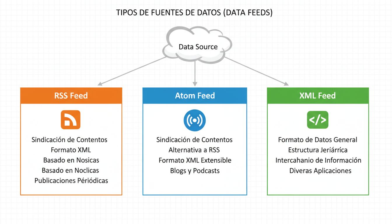 Diagram zobrazujúci tri typy dátových kanálov: RSS, Atom a XML s ich charakteristikami