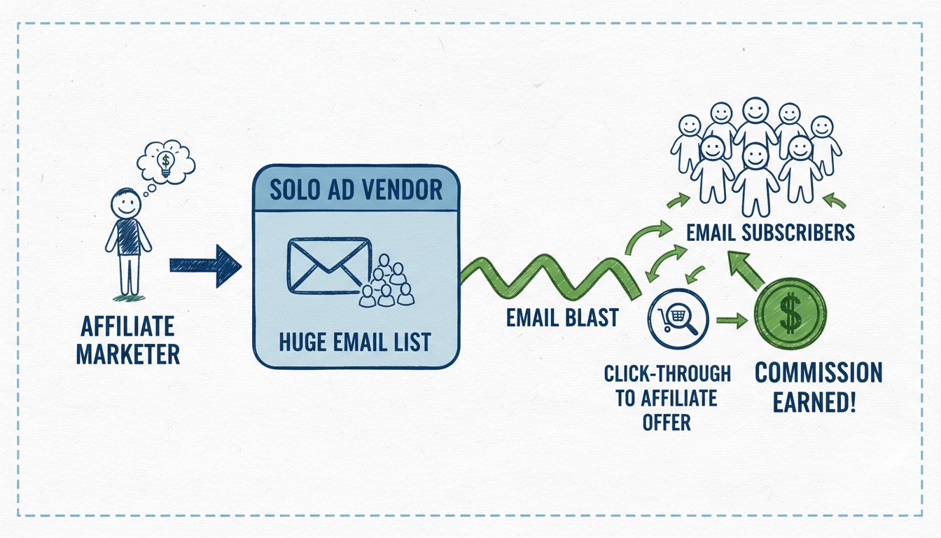 Diagram procesu solo reklamy zobrazujúci affiliate marketéra, predajcu, emailový zoznam a tok provízií