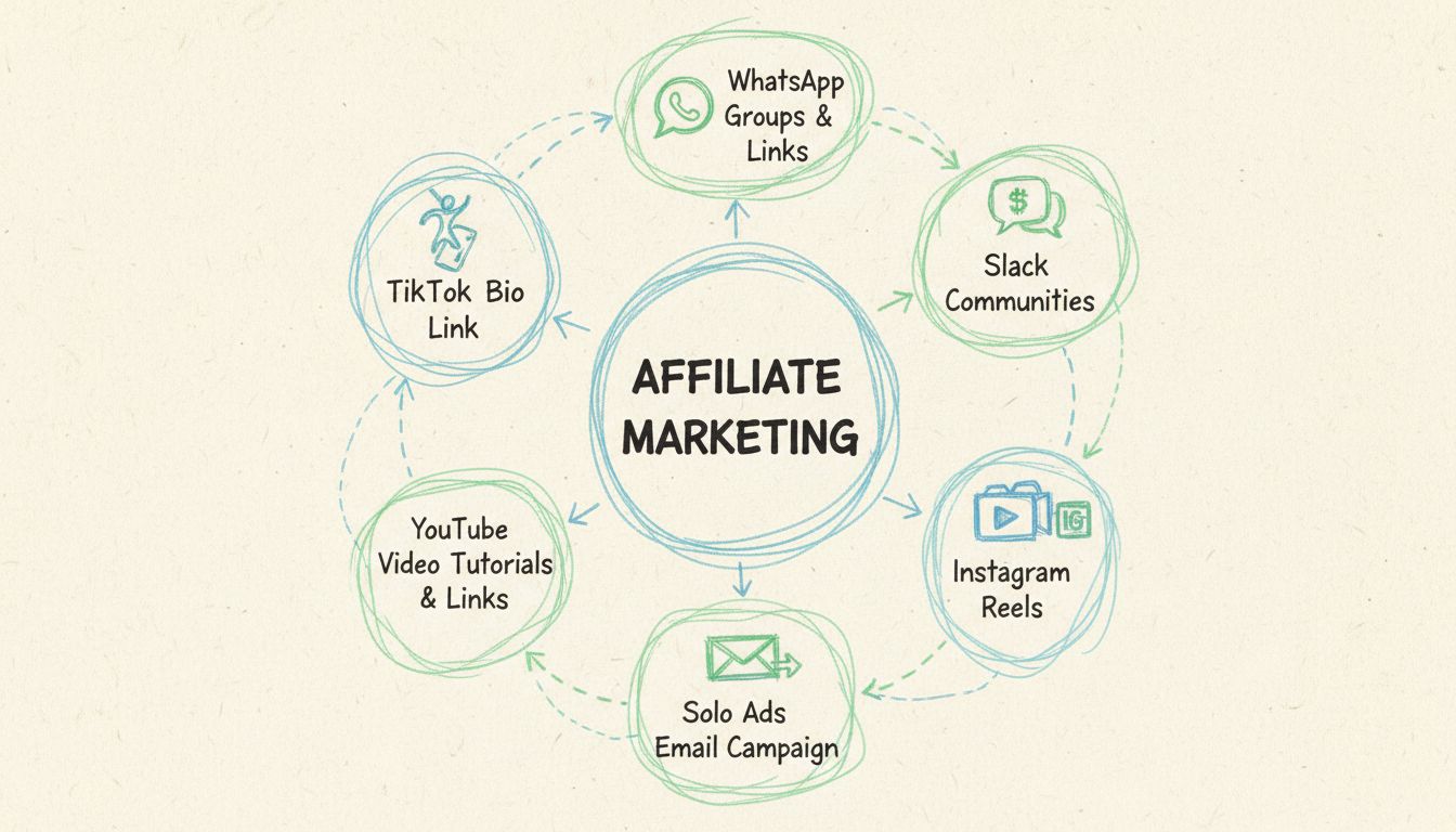 Ručne kreslená schéma zobrazujúca neštandardné affiliate metódy vrátane TikTok, WhatsApp, Slacku, solo reklám, YouTube návodov a Instagram Reels usporiadané v kruhovom prepojení