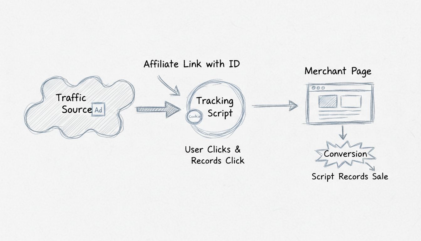 Diagram pracovného postupu priameho prepojenia zobrazujúci umiestnenie affiliate reklamy, sledovaciu URL, spustenie skriptu a konverziu na stránke obchodníka