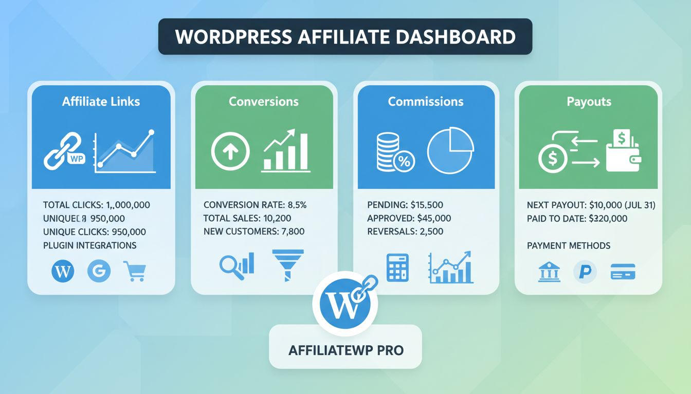WordPress affiliate marketing dashboard showing conversion tracking, affiliate links management, commission calculations, and payment processing