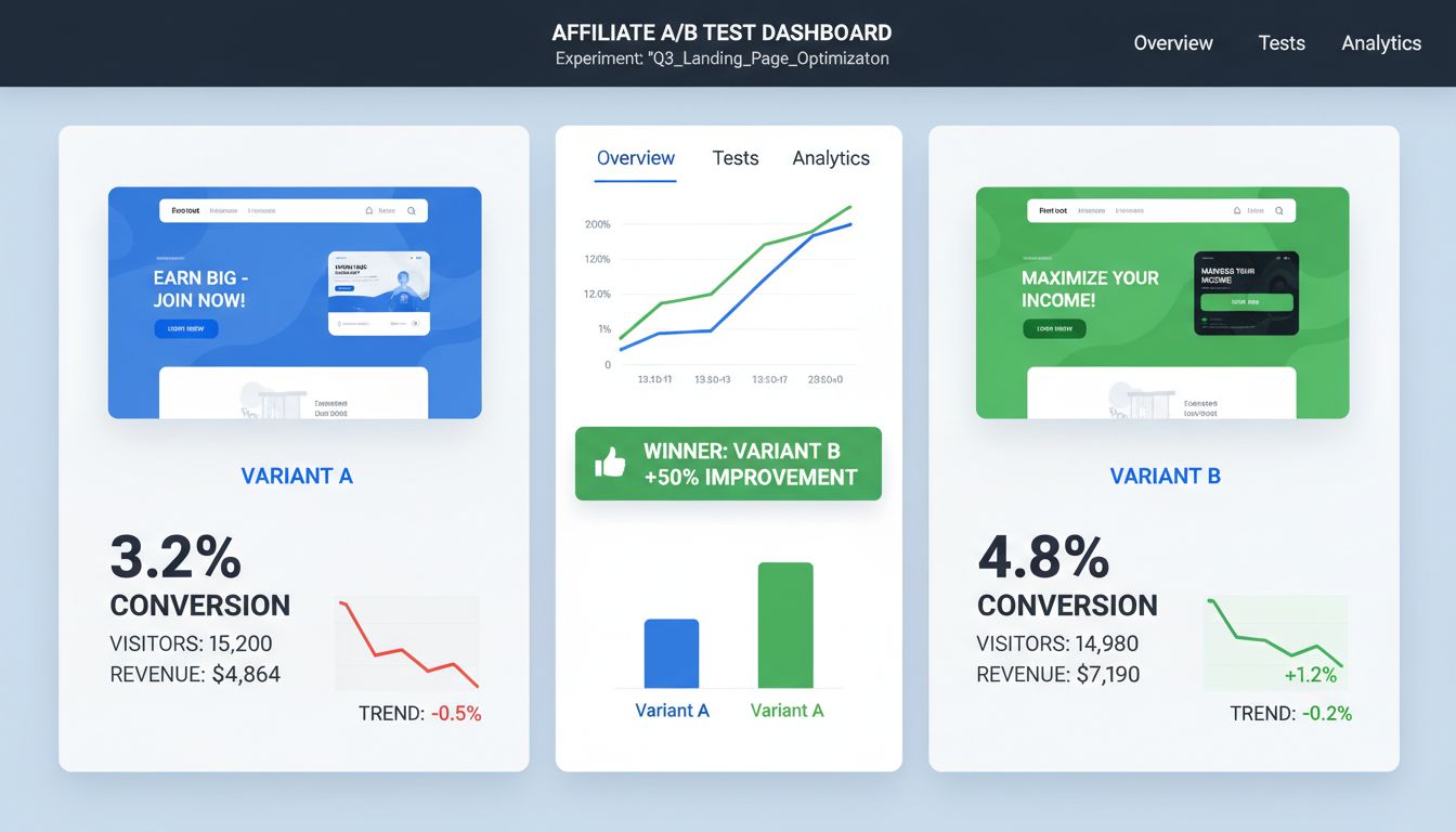 A/B testing dashboard showing split test results with conversion rates and performance metrics for affiliate marketing campaigns
