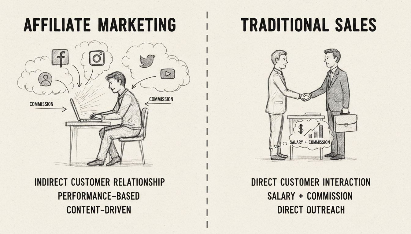 Ručne kreslená schéma porovnávajúca affiliate marketing verzus tradičný predaj, ukazujúca hlavné rozdiely vo vzťahu so zákazníkom, odmeňovaní a miere kontroly