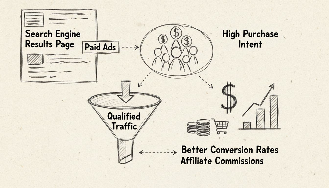 Ručne kreslená schéma znázorňujúca výhody SEM pre affiliate marketérov s výsledkami vyhľadávania, používateľmi s vysokým nákupným zámerom, konverzným lievikom a affiliate províziami