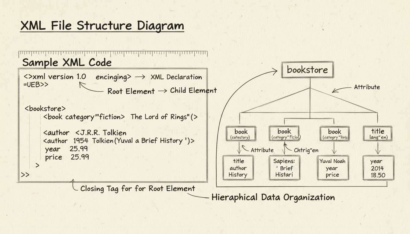 Diagram štruktúry XML súboru zobrazujúci značky, elementy, atribúty a hierarchickú organizáciu