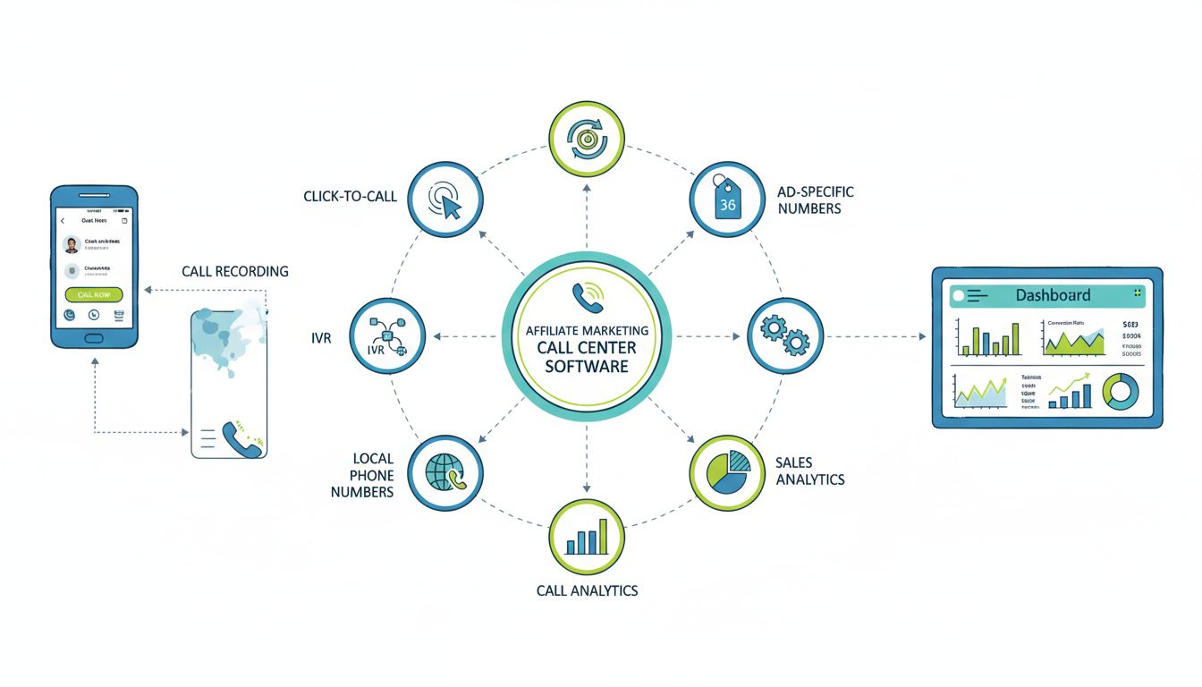 Funkcie call centra pre affiliate marketing vrátane click-to-call, nahrávania hovorov, IVR, ACD, čísel pre konkrétnu reklamu, integrácie s CRM, lokálnych čísel, analytík hovorov a predajných analytík