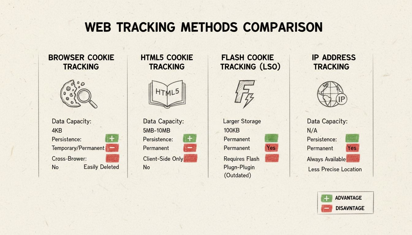 Porovnávací diagram sledovacích metód zobrazujúci prehliadačové cookies, HTML5 storage, flash cookies a sledovanie IP adresy s kapacitou dát, trvácnosťou a schopnosťou fungovať naprieč prehliadačmi