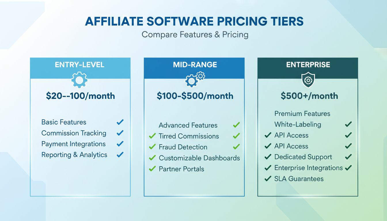 Porovnávacia tabuľka cien affiliate softvéru – základné, stredná trieda a enterprise možnosti s funkciami