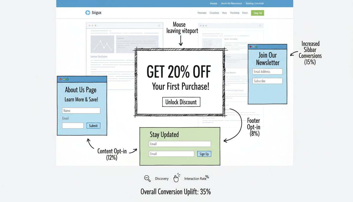 Affiliate marketingová stratégia pop-upov a opt-in formulárov zobrazujúca pop-up s úmyslom odchodu, sticky sidebar formulár, zachytávanie emailu v päte a opt-in na stránke O nás s konverznými metrikami