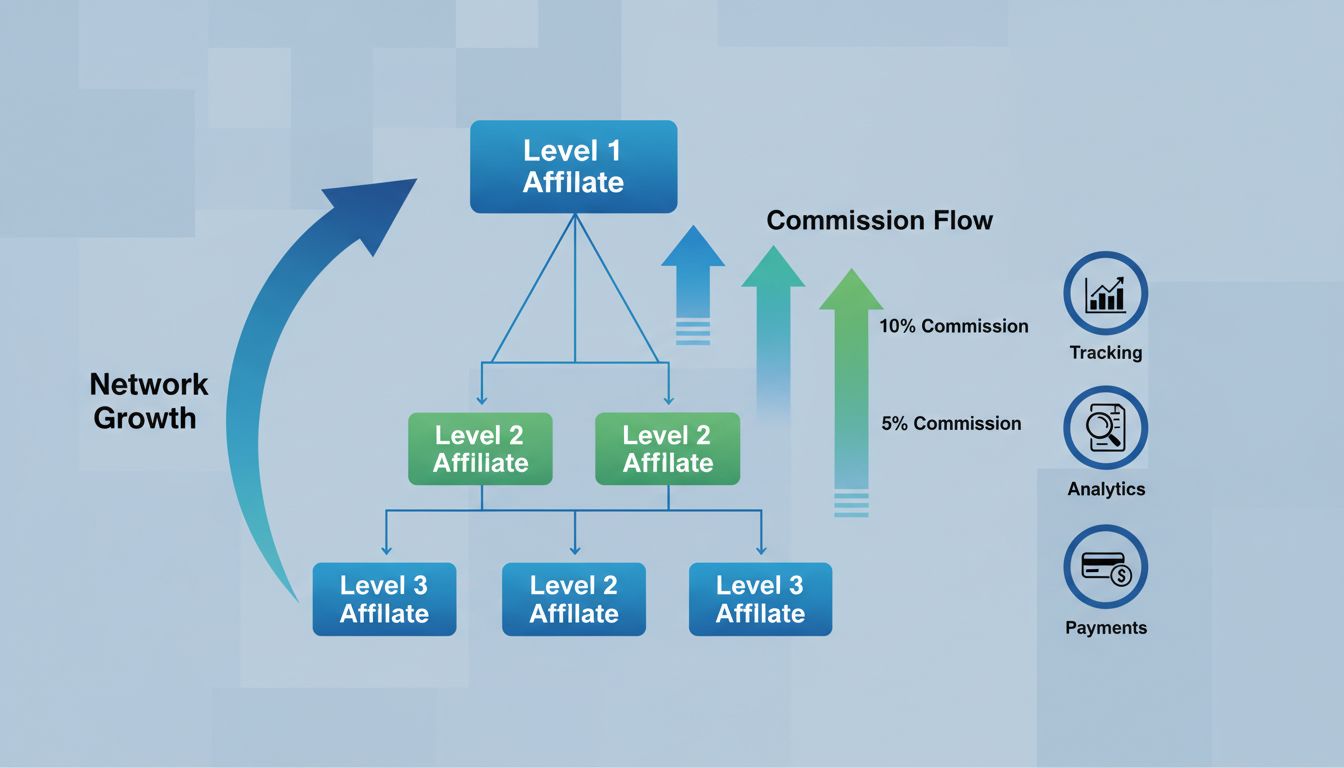 Štruktúra siete multi-level affiliate marketingu zobrazujúca hierarchický tok provízií