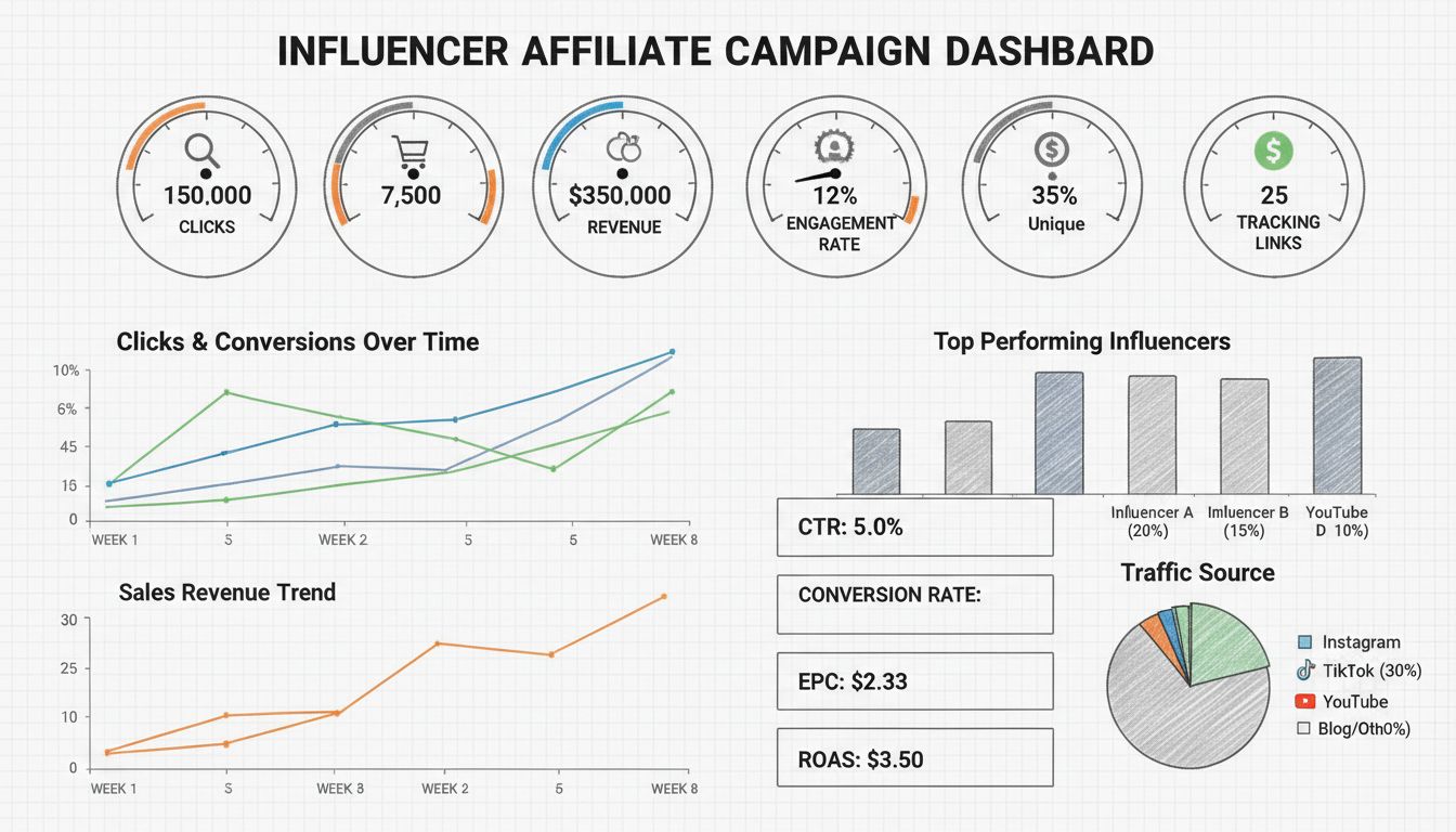 Influencer affiliate campaign metrics dashboard showing clicks, conversions, ROI, engagement rates, and tracking analytics