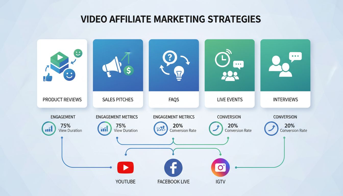 Infografika video affiliate marketingových stratégií zobrazujúca recenzie produktov, predajné prezentácie, FAQ, živé vysielania a rozhovory s logami platforiem