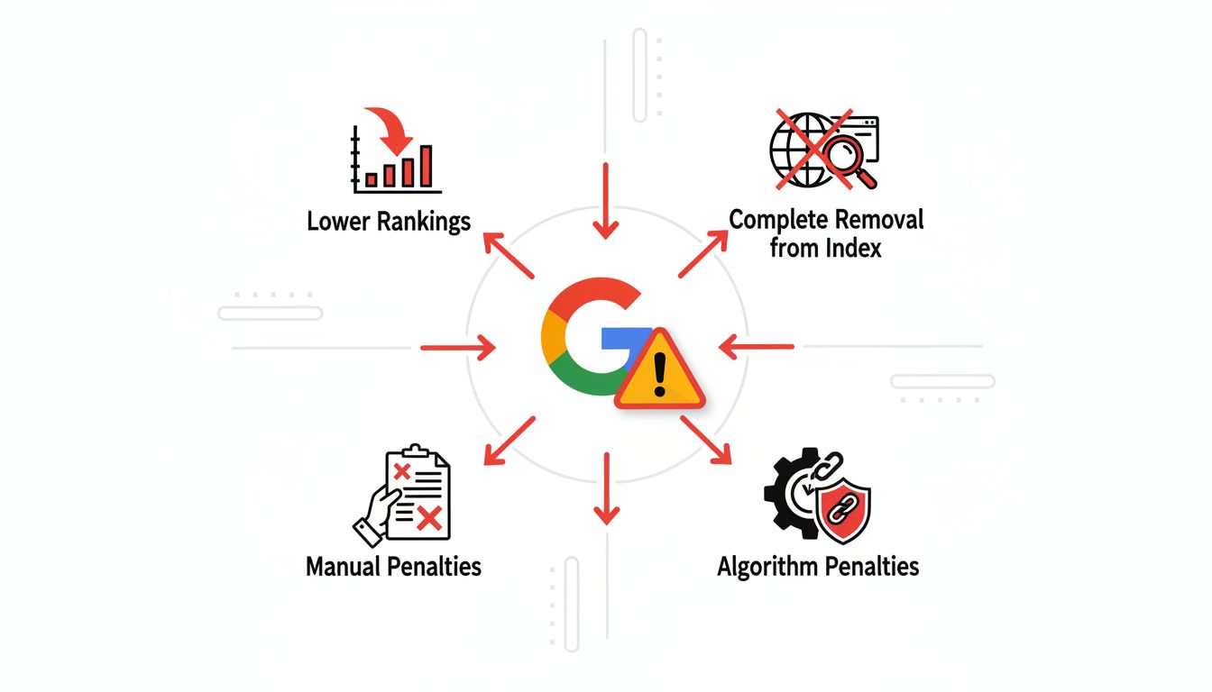 Infografika zobrazujúca SEO penalizácie a riziká vrátane poklesu pozícií, vyradenia z indexu, manuálnych a algoritmických penalizácií
