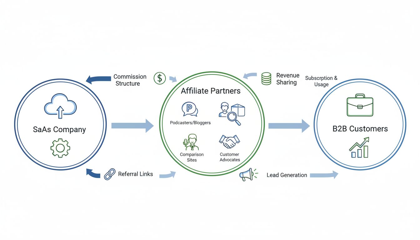 B2B SaaS affiliate marketing workflow showing network between SaaS companies, affiliate partners, and B2B customers with commission and referral structures