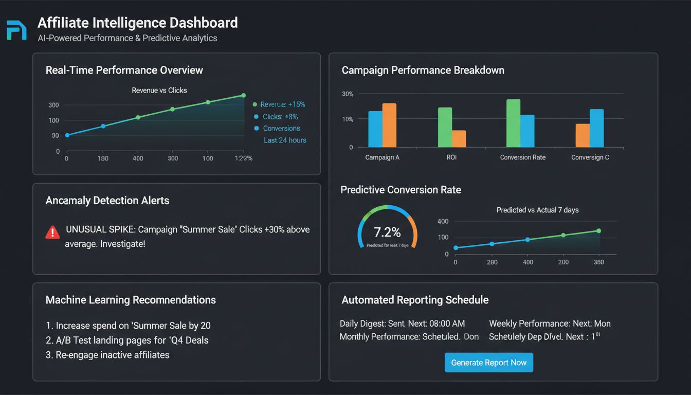 AI analytický dashboard zobrazujúci metriky výkonu v reálnom čase, upozornenia na detekciu anomálií a grafy prediktívnej analytiky pre affiliate marketing