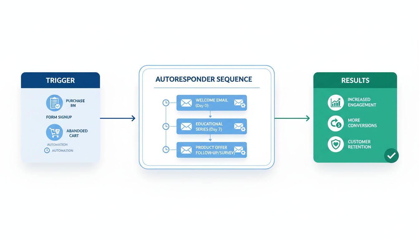 Diagram workflowu emailového autorespondera zobrazujúci spúšťač, automatizovanú sekvenciu a výsledky