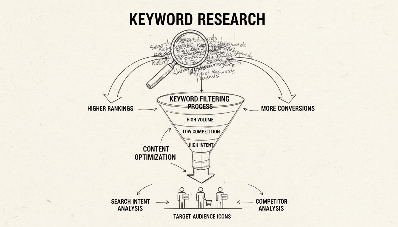 Keyword research workflow diagram showing the process from keyword discovery through search intent analysis, competitor analysis, content optimization, and conversion tracking