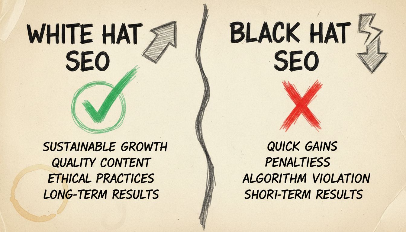 Porovnávací diagram White Hat SEO verzus Black Hat SEO ukazujúci udržateľný rast versus penalizácie