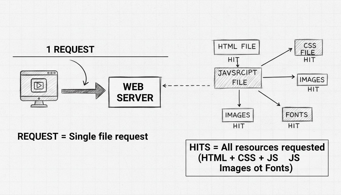 Diagram zobrazujúci rozdiel medzi HTTP požiadavkami a hitmi, kde jedna požiadavka vedie k viacerým hitom na HTML, CSS, JavaScript, obrázky a fonty