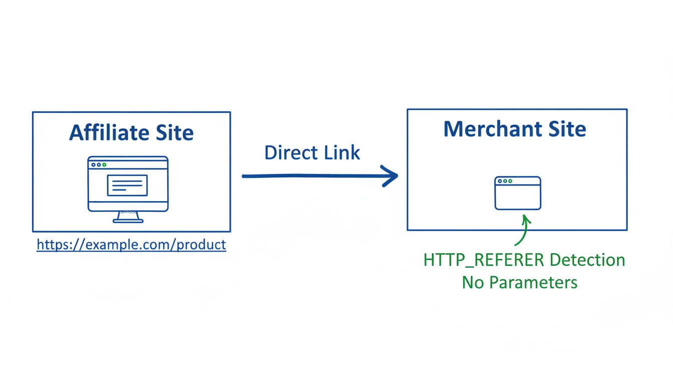 Diagram pracovného postupu DirectLink Tracking zobrazujúci partnerskú stránku odkazujúcu na obchodníkovu stránku s detekciou HTTP_REFERER