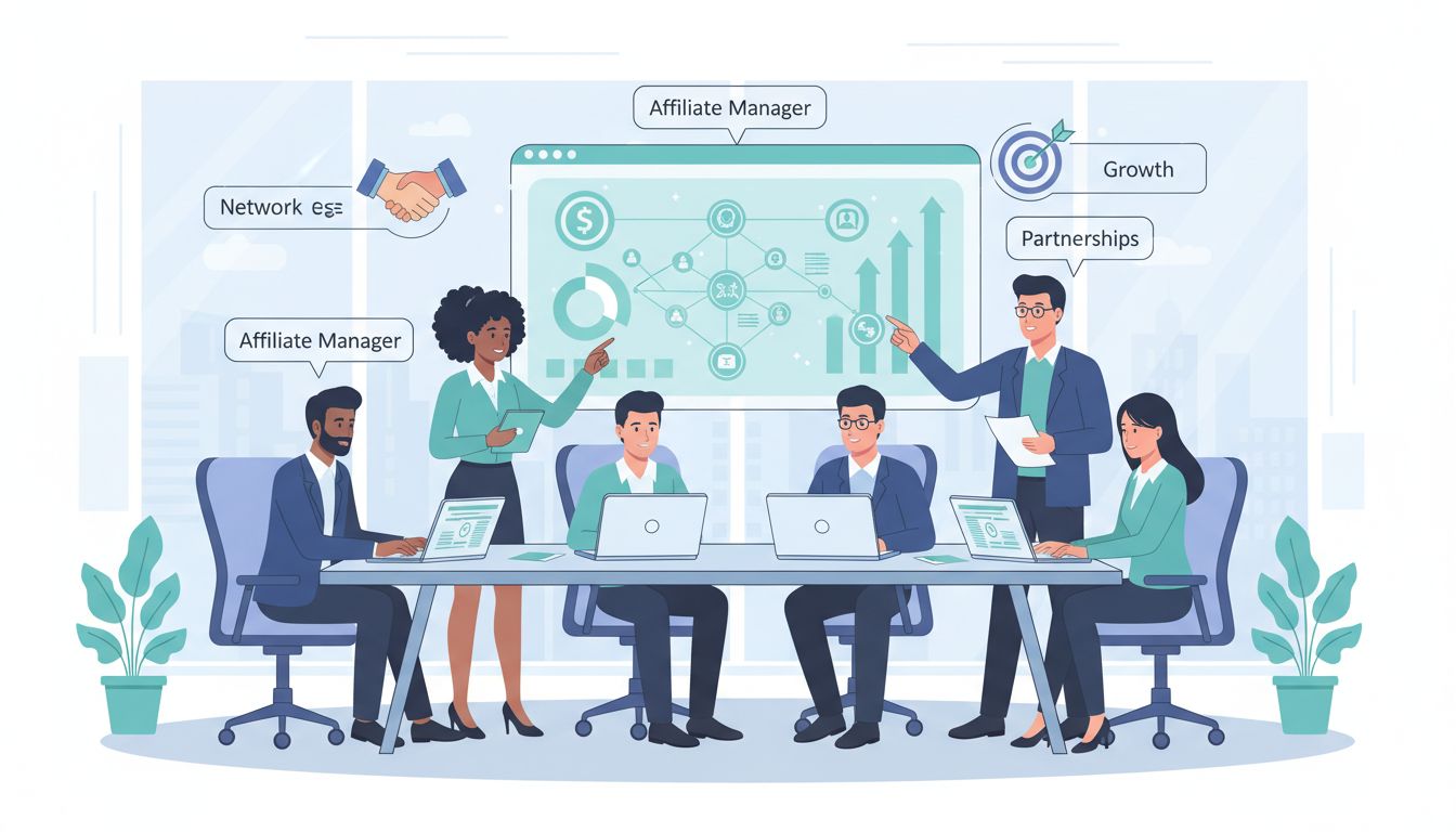 Profesionálny tím affiliate manažérov spolupracuje za stolom s notebookmi, grafmi a schémami s partnerskými stratégiami a rastom