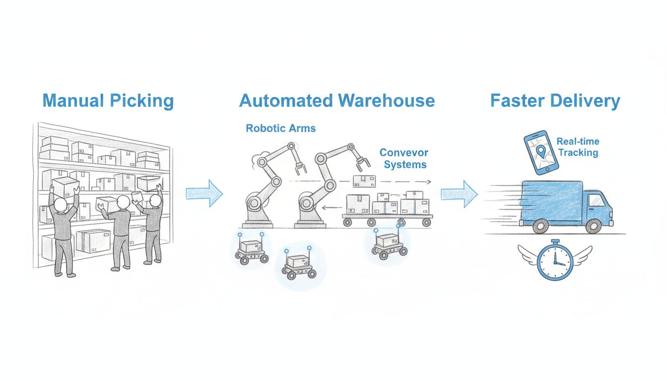 Diagram pracovného postupu automatizácie logistiky e-commerce zobrazujúci manuálne vychystávanie, automatizované skladové systémy s robotmi a pásmi a rýchlejšie výsledky doručenia