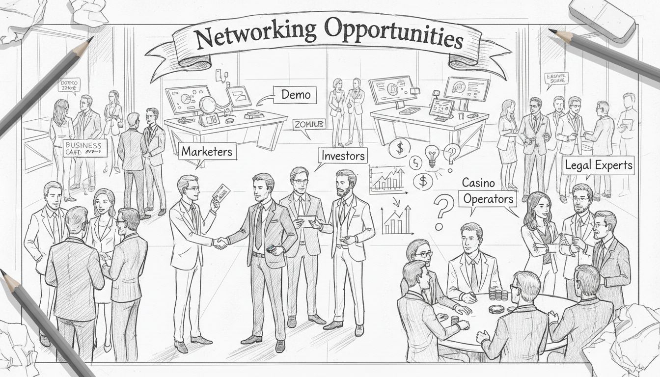 Networkingové podujatie v demo zóne so stretnutím marketérov, prevádzkovateľov kasín, investorov a právnych expertov, ktorí si vymieňajú vizitky a diskutujú o príležitostiach