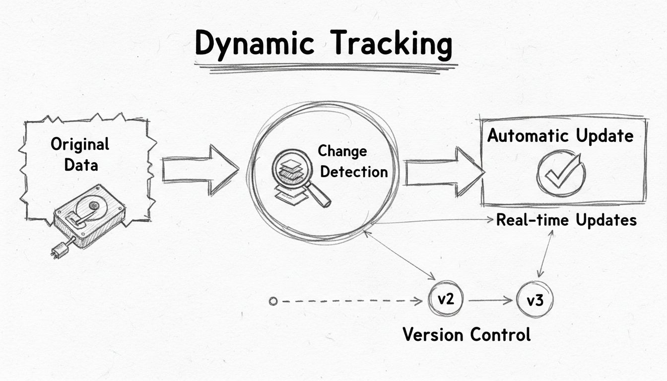 Schéma workflowu dynamického sledovania zobrazujúca zdroj dát, detekciu zmien, automatické aktualizácie a postupovanie kontroly verzií