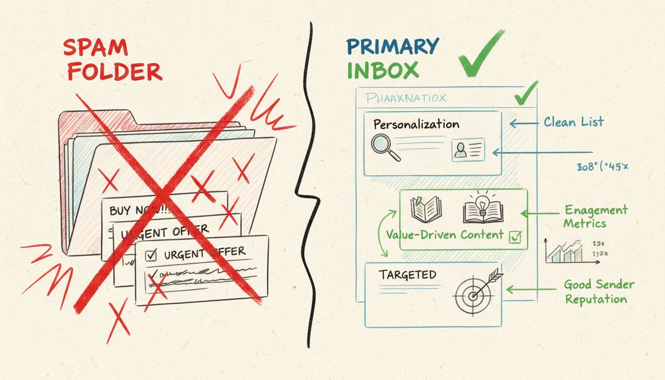 Diagram najlepších praktík studeného e-mailu ukazujúci personalizáciu, hodnotový obsah, čisté zoznamy, dobrú reputáciu odosielateľa a cielené oslovenie